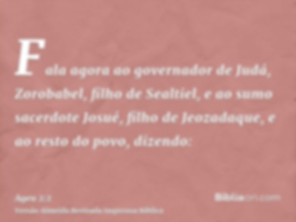 Fala agora ao governador de Judá, Zorobabel, filho de Sealtiel, e ao sumo sacerdote Josué, filho de Jeozadaque, e ao resto do povo, dizendo: