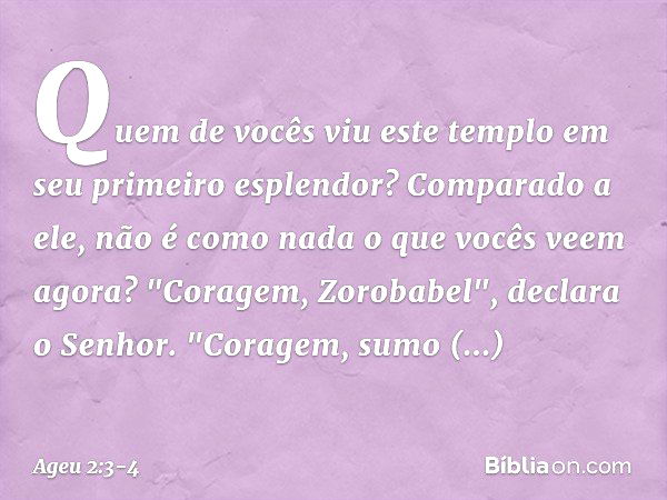 Quem de vocês viu este templo em seu primeiro esplendor? Comparado a ele, não é como nada o que vocês veem agora? "Coragem, Zorobabel", declara o Senhor. "Corag