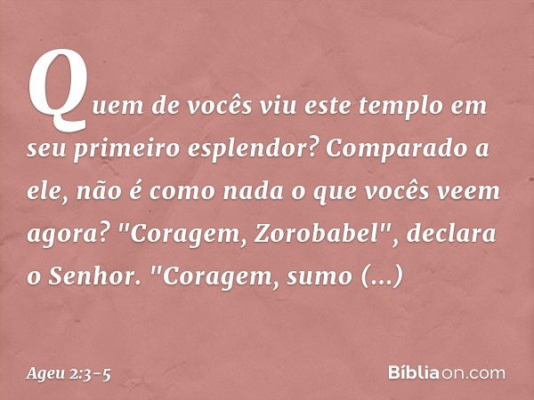 Quem de vocês viu este templo em seu primeiro esplendor? Comparado a ele, não é como nada o que vocês veem agora? "Coragem, Zorobabel", declara o Senhor. "Corag