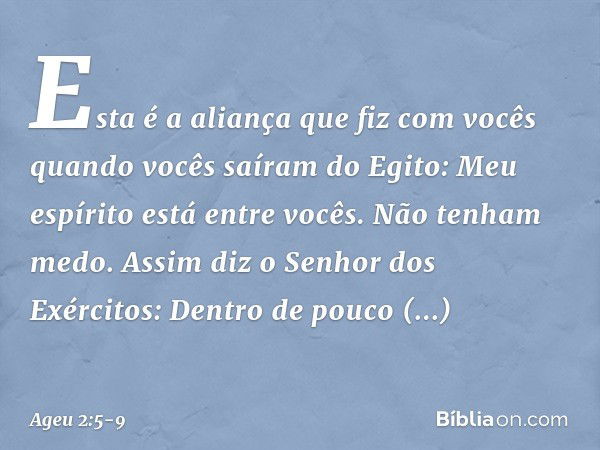 "Esta é a aliança que fiz com vocês quan­do vocês saíram do Egito: Meu espírito está entre vocês. Não tenham medo". Assim diz o Senhor dos Exércitos: "Dentro de