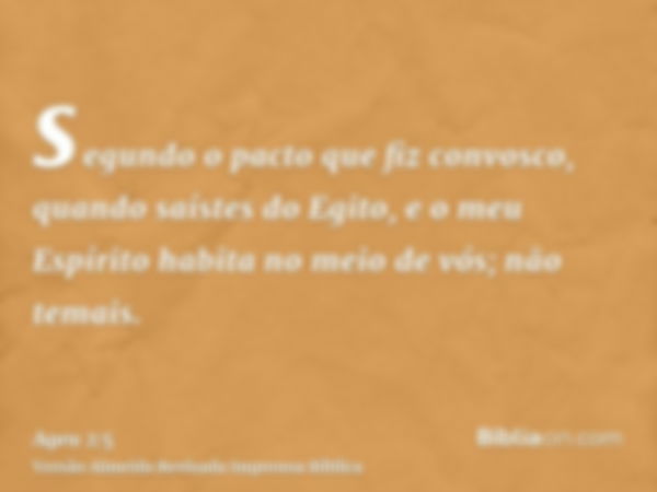 segundo o pacto que fiz convosco, quando saístes do Egito, e o meu Espírito habita no meio de vós; não temais.