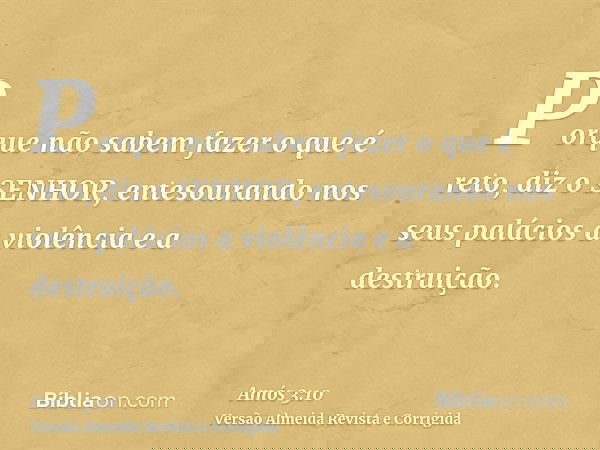 Porque não sabem fazer o que é reto, diz o SENHOR, entesourando nos seus palácios a violência e a destruição.