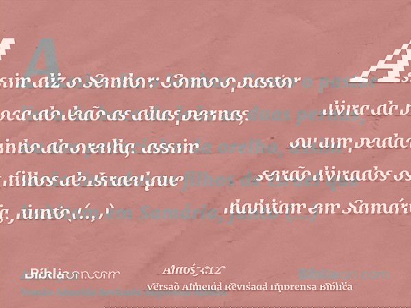 Assim diz o Senhor: Como o pastor livra da boca do leão as duas pernas, ou um pedacinho da orelha, assim serão livrados os filhos de Israel que habitam em Samár