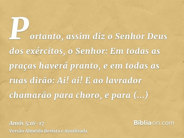 Portanto, assim diz o Senhor Deus dos exércitos, o Senhor: Em todas as praças haverá pranto, e em todas as ruas dirão: Ai! ai! E ao lavrador chamarão para choro