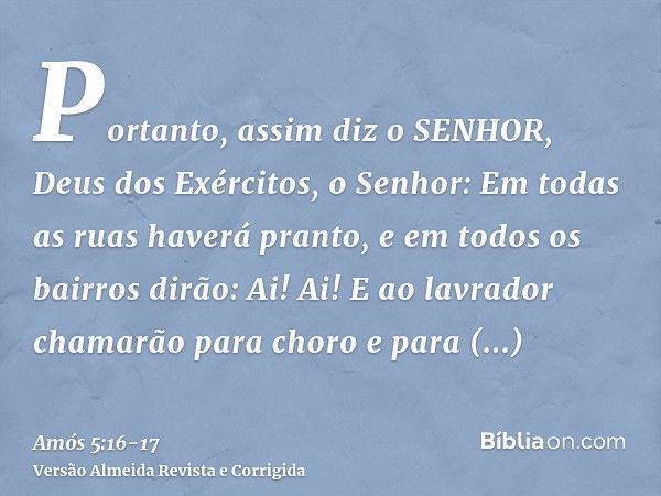 Portanto, assim diz o SENHOR, Deus dos Exércitos, o Senhor: Em todas as ruas haverá pranto, e em todos os bairros dirão: Ai! Ai! E ao lavrador chamarão para cho