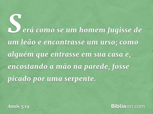 Será como se um homem
fugisse de um leão
e encontrasse um urso;
como alguém que entrasse em sua casa
e, encostando a mão na parede,
fosse picado por uma serpent