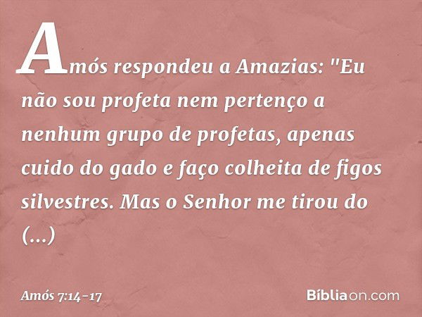 Amós respondeu a Amazias: "Eu não sou profeta nem pertenço a nenhum grupo de profetas, apenas cuido do gado e faço colheita de figos silvestres. Mas o Senhor me