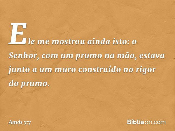 Ele me mostrou ainda isto: o Senhor, com um prumo na mão, estava junto a um muro construído no rigor do prumo. -- Amós 7:7