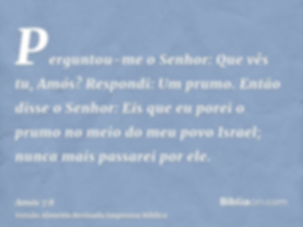 Perguntou-me o Senhor: Que vês tu, Amós? Respondi: Um prumo. Então disse o Senhor: Eis que eu porei o prumo no meio do meu povo Israel; nunca mais passarei por 