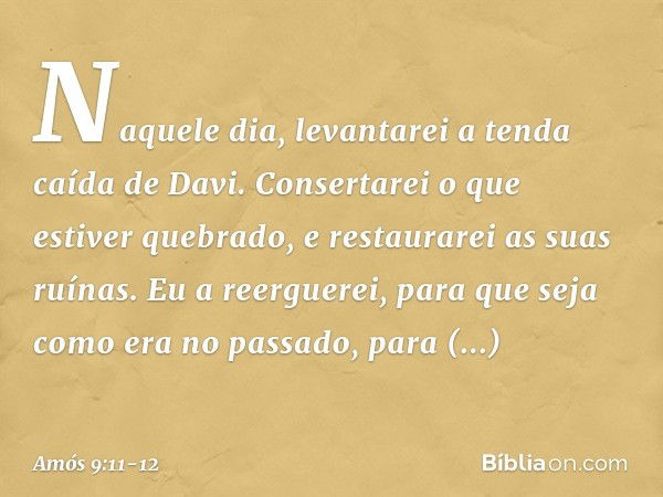 "Naquele dia, levantarei
a tenda caída de Davi.
Consertarei o que estiver quebrado,
e restaurarei as suas ruínas.
Eu a reerguerei,
para que seja como era no pas