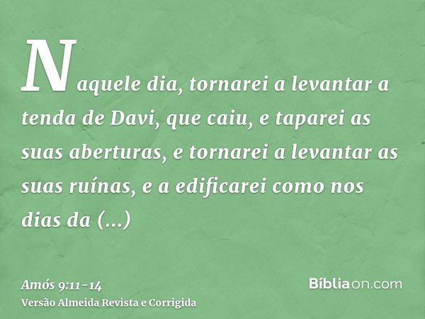 Naquele dia, tornarei a levantar a tenda de Davi, que caiu, e taparei as suas aberturas, e tornarei a levantar as suas ruínas, e a edificarei como nos dias da a