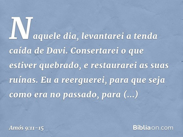 "Naquele dia, levantarei
a tenda caída de Davi.
Consertarei o que estiver quebrado,
e restaurarei as suas ruínas.
Eu a reerguerei,
para que seja como era no pas