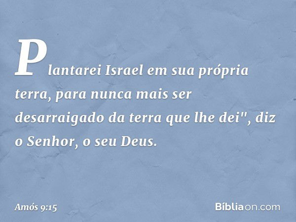 Plantarei Israel em sua própria terra,
para nunca mais ser desarraigado
da terra que lhe dei",
diz o Senhor, o seu Deus. -- Amós 9:15