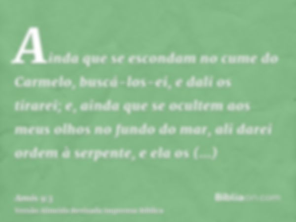 Ainda que se escondam no cume do Carmelo, buscá-los-ei, e dali os tirarei; e, ainda que se ocultem aos meus olhos no fundo do mar, ali darei ordem à serpente, e