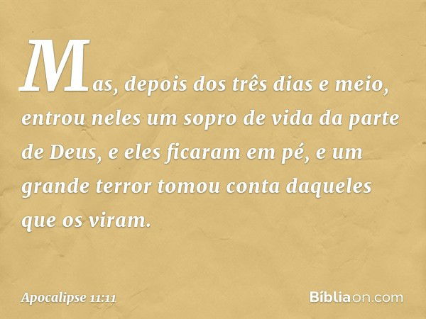 Mas, depois dos três dias e meio, entrou neles um sopro de vida da parte de Deus, e eles ficaram em pé, e um grande terror tomou conta daqueles que os viram. --