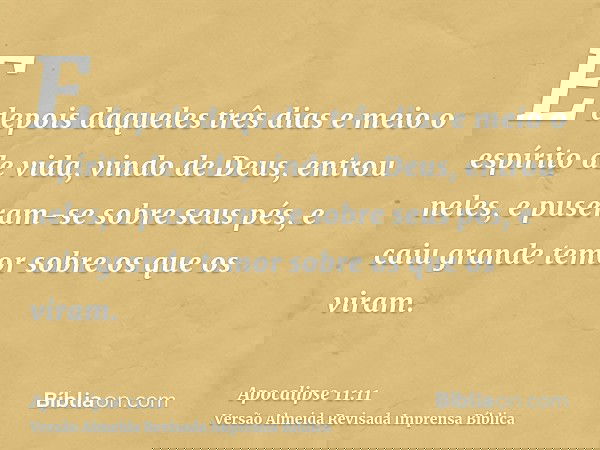 E depois daqueles três dias e meio o espírito de vida, vindo de Deus, entrou neles, e puseram-se sobre seus pés, e caiu grande temor sobre os que os viram.