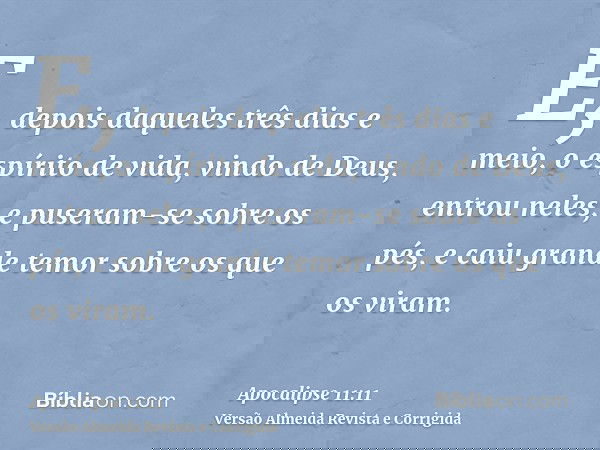 E, depois daqueles três dias e meio, o espírito de vida, vindo de Deus, entrou neles; e puseram-se sobre os pés, e caiu grande temor sobre os que os viram.