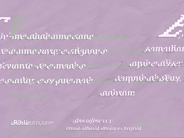 E foi-me dada uma cana semelhante a uma vara; e chegou o anjo e disse: Levanta-te e mede o templo de Deus, e o altar, e os que nele adoram.