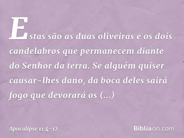 Estas são as duas oliveiras e os dois candelabros que permanecem diante do Senhor da terra. Se alguém quiser causar-lhes dano, da boca deles sairá fogo que devo