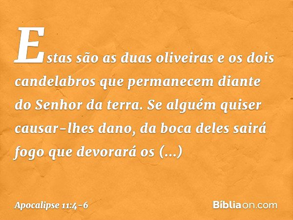 Estas são as duas oliveiras e os dois candelabros que permanecem diante do Senhor da terra. Se alguém quiser causar-lhes dano, da boca deles sairá fogo que devo