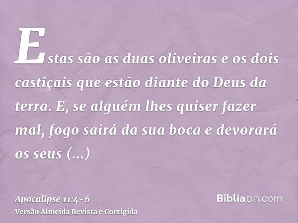 Estas são as duas oliveiras e os dois castiçais que estão diante do Deus da terra.E, se alguém lhes quiser fazer mal, fogo sairá da sua boca e devorará os seus 