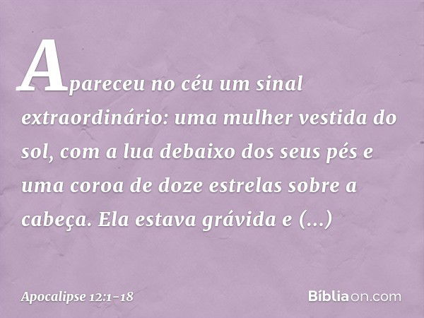 Apareceu no céu um sinal extraordinário: uma mulher vestida do sol, com a lua debaixo dos seus pés e uma coroa de doze estrelas sobre a cabeça. Ela estava grávi