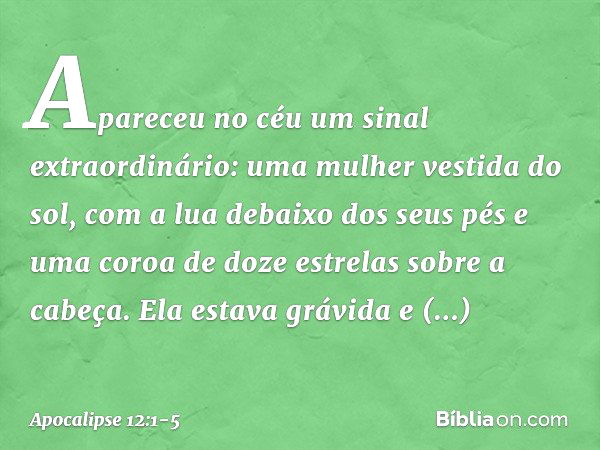 Apareceu no céu um sinal extraordinário: uma mulher vestida do sol, com a lua debaixo dos seus pés e uma coroa de doze estrelas sobre a cabeça. Ela estava grávi