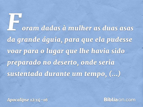 Foram dadas à mulher as duas asas da grande águia, para que ela pudesse voar para o lugar que lhe havia sido preparado no deserto, onde seria sustentada durante