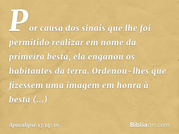 Por causa dos sinais que lhe foi permitido realizar em nome da primeira besta, ela enganou os habitantes da terra. Ordenou-lhes que fizessem uma imagem em honra