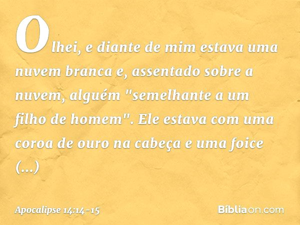 Olhei, e diante de mim estava uma nuvem branca e, assentado sobre a nuvem, alguém "semelhante a um filho de homem". Ele estava com uma coroa de ouro na cabeça e