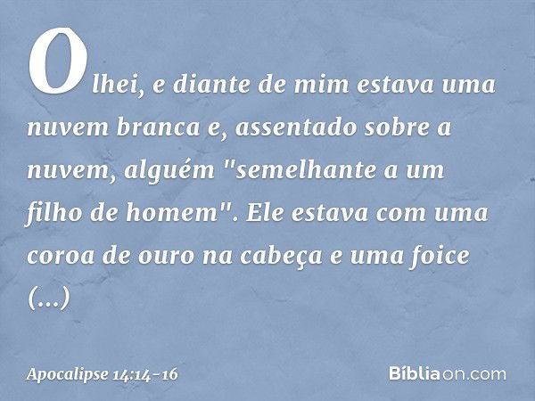 Olhei, e diante de mim estava uma nuvem branca e, assentado sobre a nuvem, alguém "semelhante a um filho de homem". Ele estava com uma coroa de ouro na cabeça e