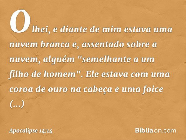 Olhei, e diante de mim estava uma nuvem branca e, assentado sobre a nuvem, alguém "semelhante a um filho de homem". Ele estava com uma coroa de ouro na cabeça e