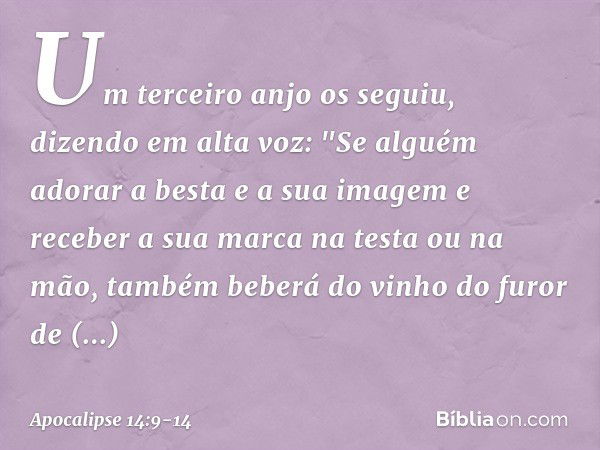 Um terceiro anjo os seguiu, dizendo em alta voz: "Se alguém adorar a besta e a sua imagem e receber a sua marca na testa ou na mão, também beberá do vinho do fu