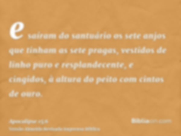 e saíram do santuário os sete anjos que tinham as sete pragas, vestidos de linho puro e resplandecente, e cingidos, à altura do peito com cintos de ouro.