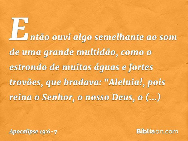 Então ouvi algo semelhante ao som de uma grande multidão, como o estrondo de muitas águas e fortes trovões, que bradava:
"Aleluia!,
pois reina
o Senhor, o nosso