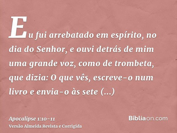 Eu fui arrebatado em espírito, no dia do Senhor, e ouvi detrás de mim uma grande voz, como de trombeta,que dizia: O que vês, escreve-o num livro e envia-o às se