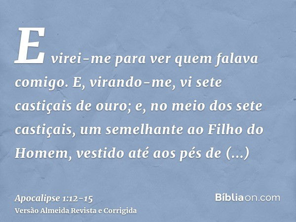 E virei-me para ver quem falava comigo. E, virando-me, vi sete castiçais de ouro;e, no meio dos sete castiçais, um semelhante ao Filho do Homem, vestido até aos