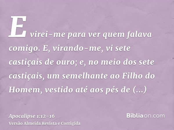 E virei-me para ver quem falava comigo. E, virando-me, vi sete castiçais de ouro;e, no meio dos sete castiçais, um semelhante ao Filho do Homem, vestido até aos