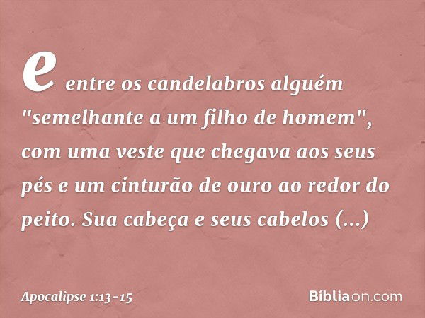 e entre os candelabros alguém "semelhante a um filho de homem", com uma veste que chegava aos seus pés e um cinturão de ouro ao redor do peito. Sua cabeça e seu