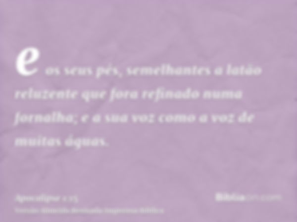 e os seus pés, semelhantes a latão reluzente que fora refinado numa fornalha; e a sua voz como a voz de muitas águas.