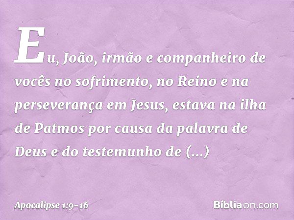 Eu, João, irmão e companheiro de vocês no sofrimento, no Reino e na perseverança em Jesus, estava na ilha de Patmos por causa da palavra de Deus e do testemunho