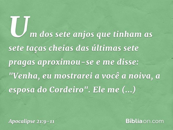 Um dos sete anjos que tinham as sete taças cheias das últimas sete pragas aproximou-se e me disse: "Venha, eu mostrarei a você a noiva, a esposa do Cordeiro". E