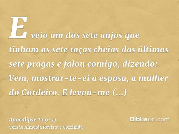 E veio um dos sete anjos que tinham as sete taças cheias das últimas sete pragas e falou comigo, dizendo: Vem, mostrar-te-ei a esposa, a mulher do Cordeiro.E le