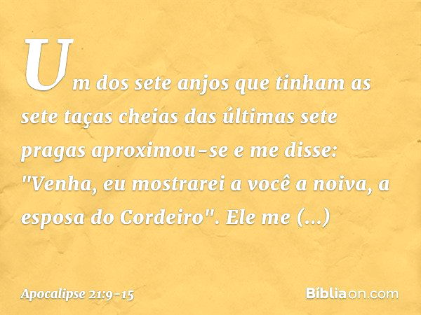 Um dos sete anjos que tinham as sete taças cheias das últimas sete pragas aproximou-se e me disse: "Venha, eu mostrarei a você a noiva, a esposa do Cordeiro". E