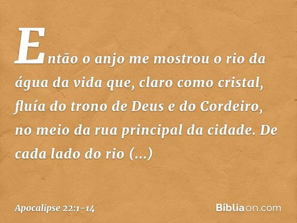 Então o anjo me mostrou o rio da água da vida que, claro como cristal, fluía do trono de Deus e do Cordeiro, no meio da rua principal da cidade. De cada lado do