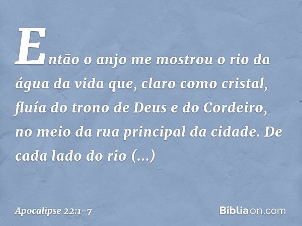 Então o anjo me mostrou o rio da água da vida que, claro como cristal, fluía do trono de Deus e do Cordeiro, no meio da rua principal da cidade. De cada lado do