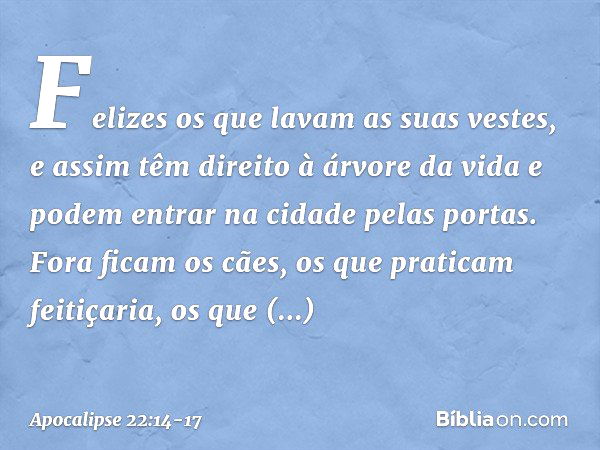 "Felizes os que lavam as suas vestes, e assim têm direito à árvore da vida e podem entrar na cidade pelas portas. Fora ficam os cães, os que praticam feitiçaria