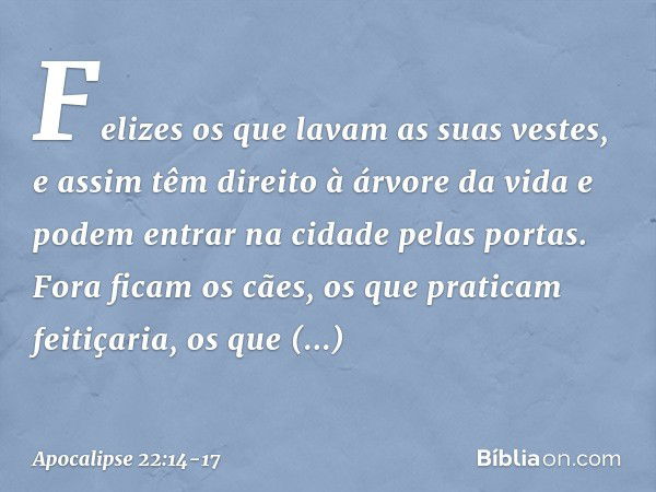 "Felizes os que lavam as suas vestes, e assim têm direito à árvore da vida e podem entrar na cidade pelas portas. Fora ficam os cães, os que praticam feitiçaria