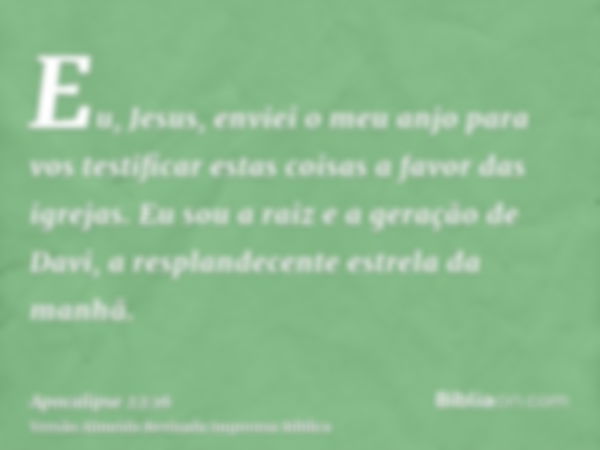 Eu, Jesus, enviei o meu anjo para vos testificar estas coisas a favor das igrejas. Eu sou a raiz e a geração de Davi, a resplandecente estrela da manhã.