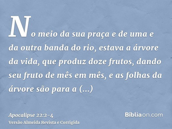 No meio da sua praça e de uma e da outra banda do rio, estava a árvore da vida, que produz doze frutos, dando seu fruto de mês em mês, e as folhas da árvore são